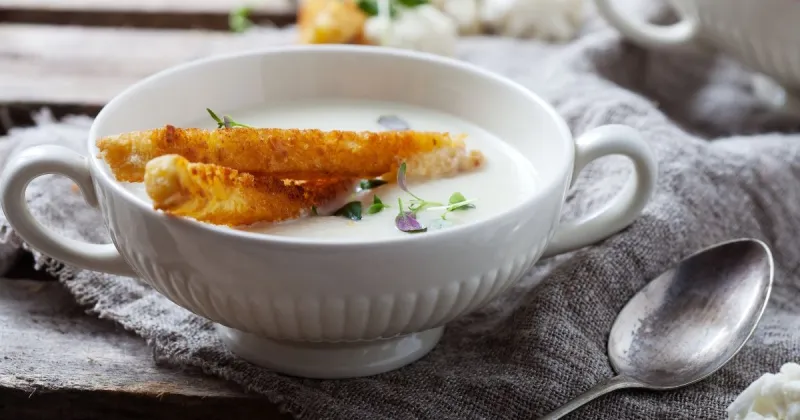 A pot of traditional milky cauliflower soup