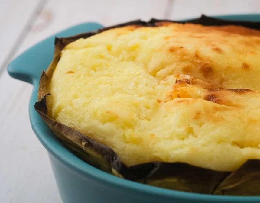 Bibingka in a blue casserole dish