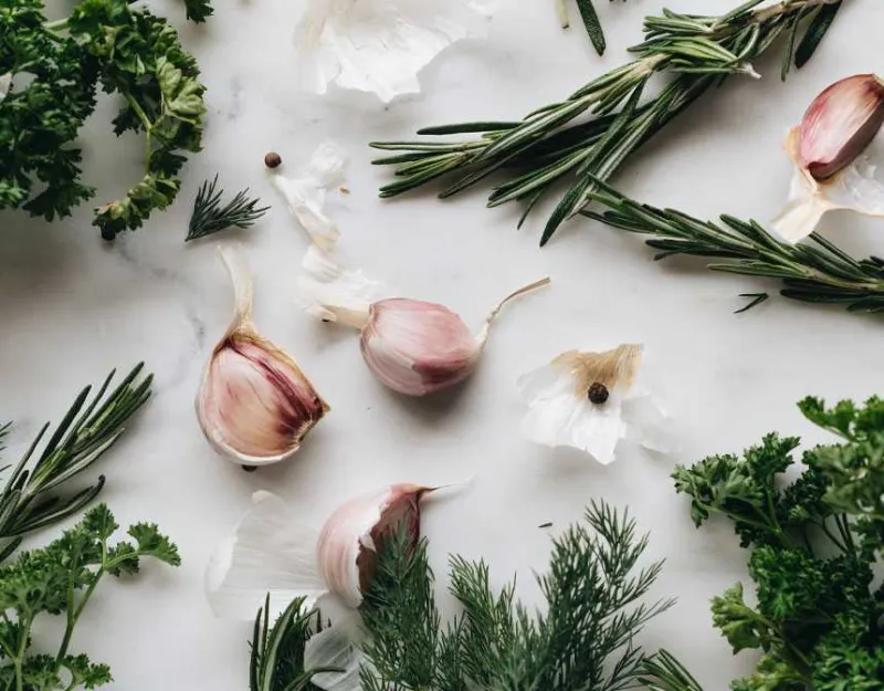 Close up photo of garlic near herbs