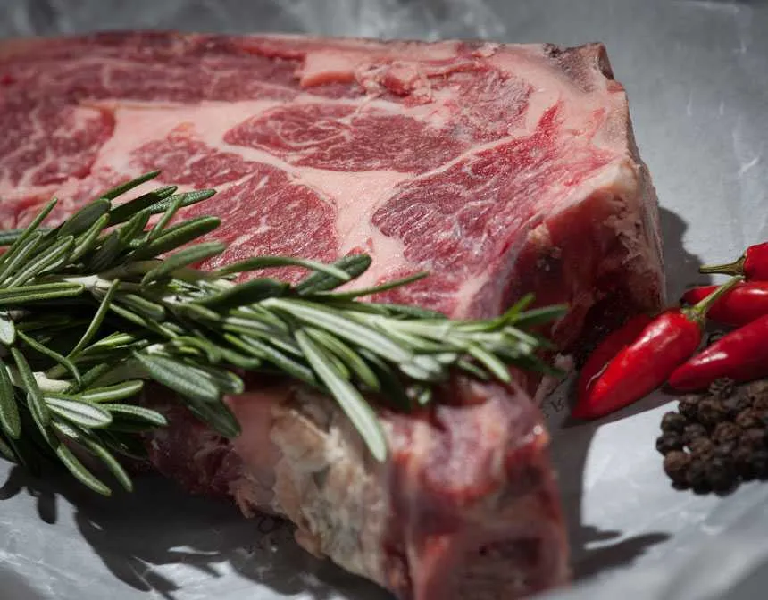 Raw steak with rosemary chili pepper and black pepper