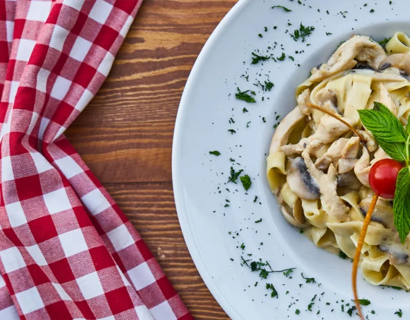 Pasta served in a white plate